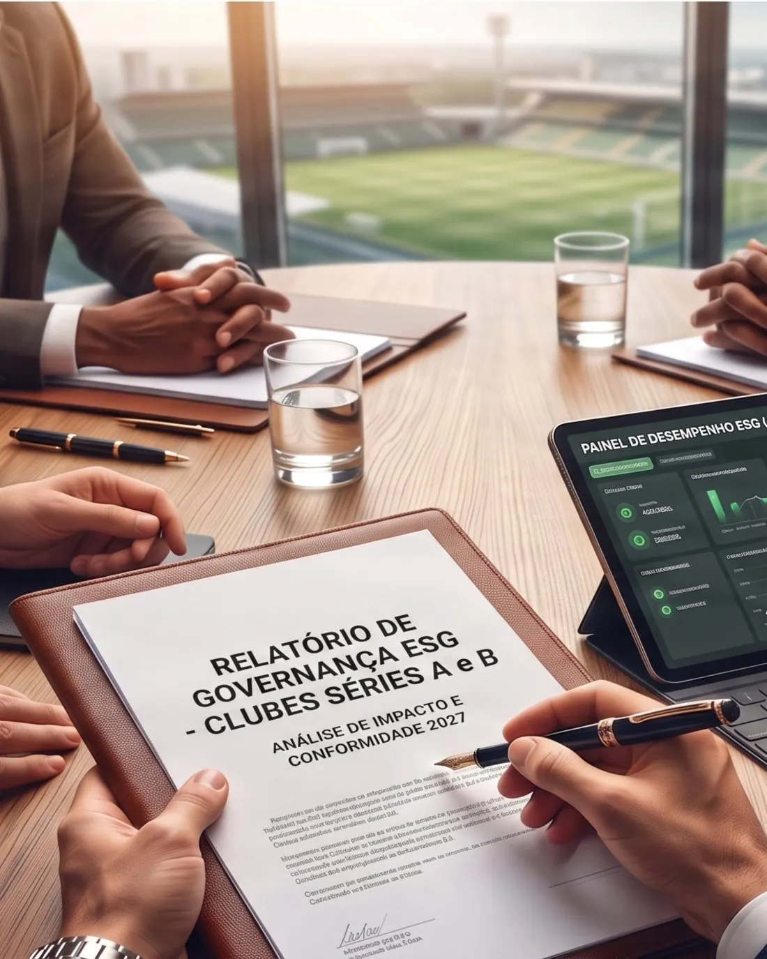 Executivos assinando o relatório de governança ESG dos clubes das Séries A e B, com painel de indicadores em tablet e o gramado ao fundo