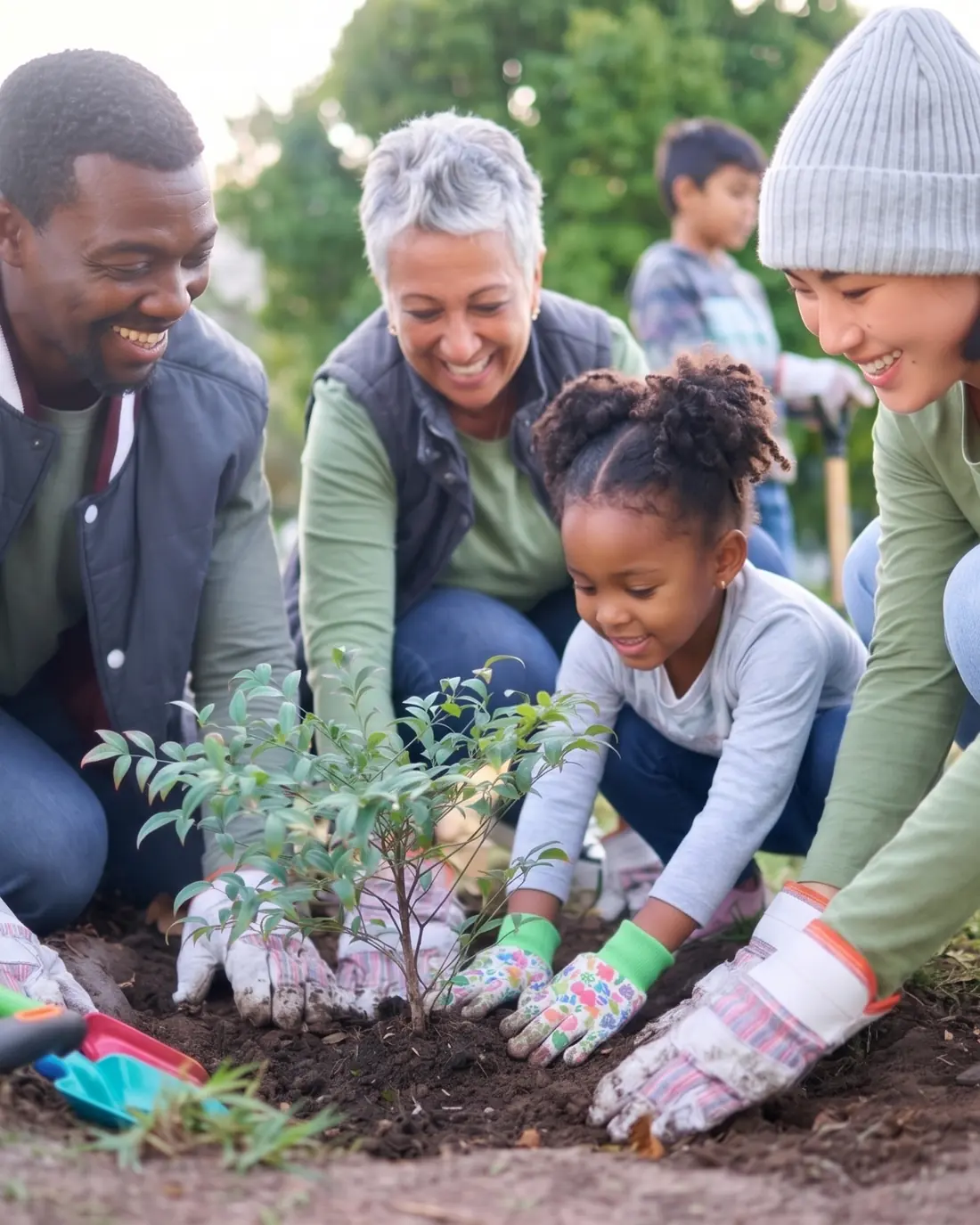 Grupo diverso de voluntários — adultos, uma criança e uma pessoa idosa — plantando uma muda juntos em um parque